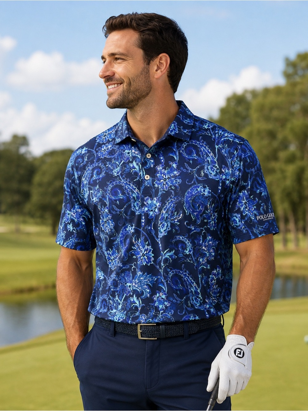 Men's Ralph Lauren Polo Golf Shirt Blue W/ Floral Pattern Size XL